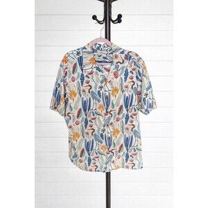 Yiume Tropical Bird Print Camp Collar Shirt Short Sleeve Resort Button Down L